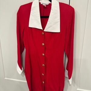 Rampage Red White peter pan Collar Long Sleeve Button Front Dress Size 12 VTG‎